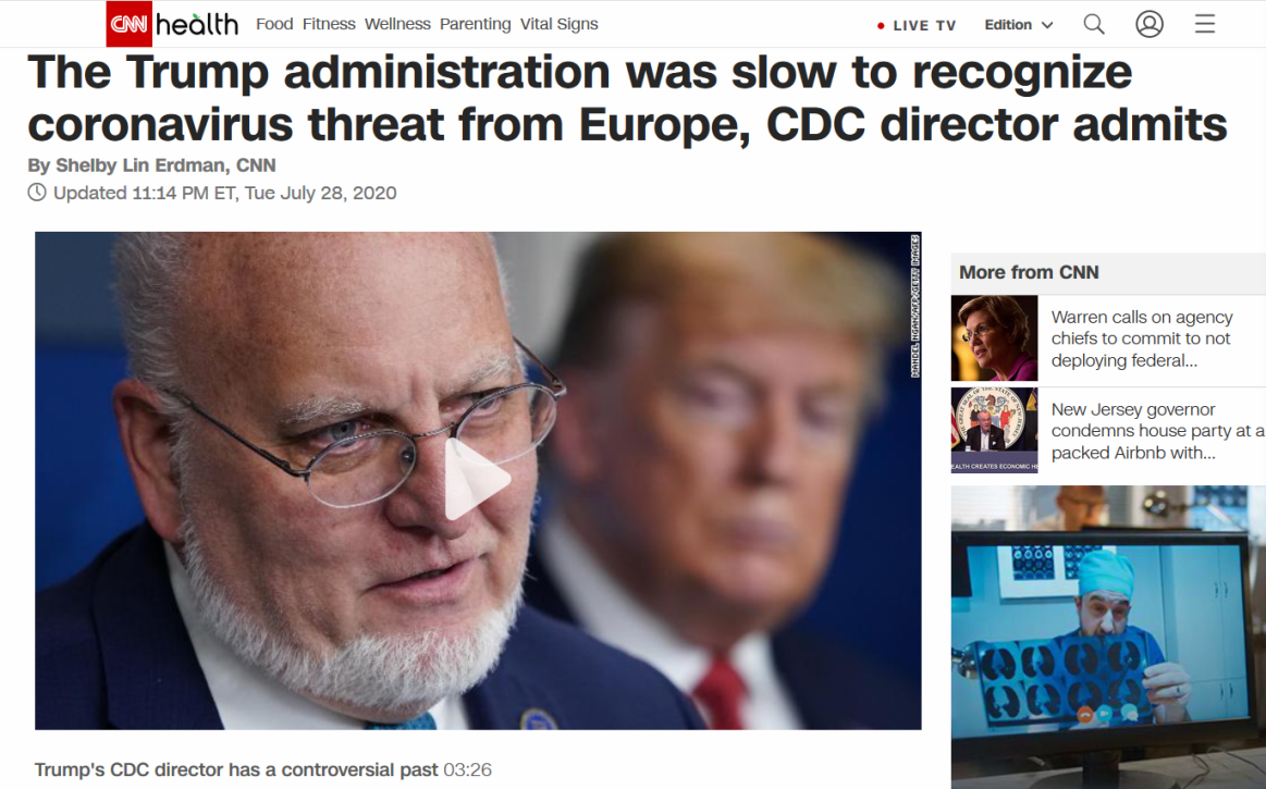北美观察丨CDC主任：对来自欧洲新冠病毒认识迟缓 导致美国疫情大面积暴发